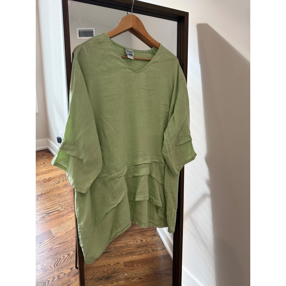 BECASA Women Lime Green 100% Linen Oversized Boho V-Neck Tunic Top Sz M Vintage